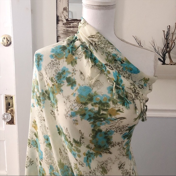 Blue Green Floral Fringe Square Scarf, 42” x 39” - Picture 2 of 8